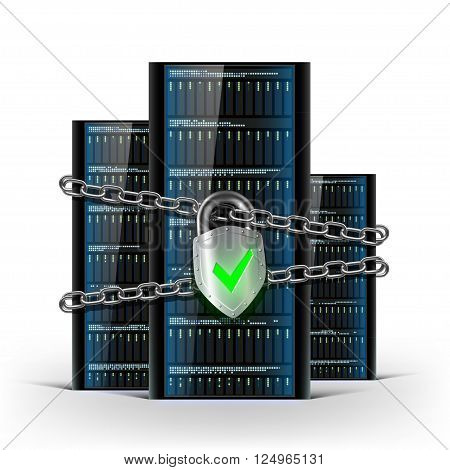 Network servers with a lock with chain. Security database. Stock vector illustration.