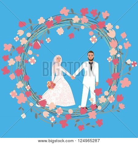 man woman couple in relationship marriage in Islam wearing head scarf hijab veil vector
