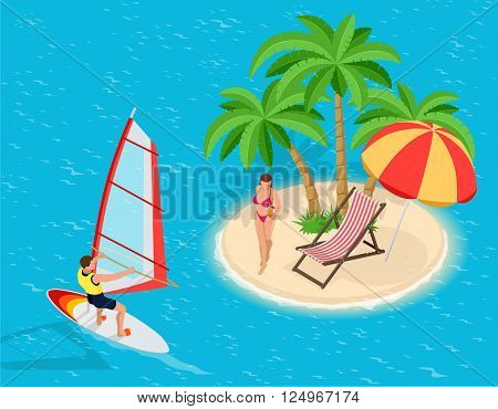 Trip to Summer holidays. Travel to Summer holidays. Vacation. Windsurfing. Tourism. Travel banner. Journey. Travelling 3d isometric illustration. Modern flat design banner
