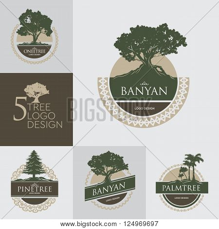 5 set tree badge vintage logo design