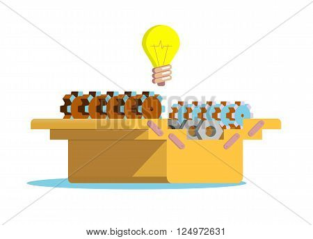 Set of gears in a box for tools. Box with nuts