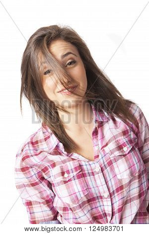 attractive young woman posing in white background