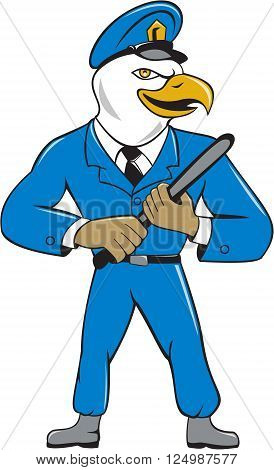 Illustration of an american bald eagle policeman holding baton looking to the side set on isolated white background done in cartoon style.