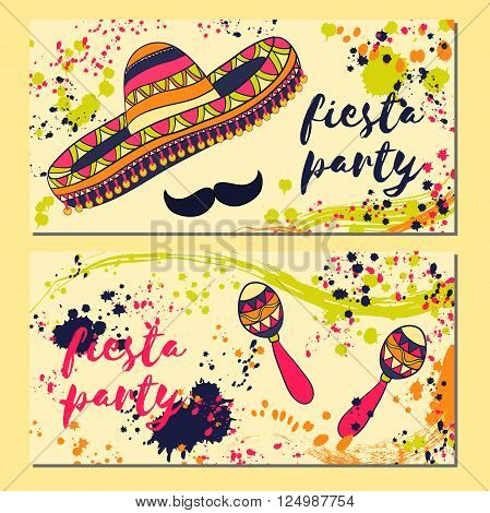 Beautiful greeting card, invitation for fiesta festival. Design concept for Mexican Cinco de Mayo holiday with maracas, sombrero, mustache and colorful splashes in watercolor style.Vector illustration