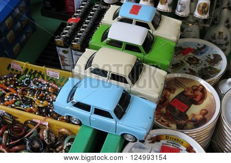 DRESDEN GERMANY - CIRCA MARCH 2016: Trabant car toy models for sale on the counter of a nostalgia store