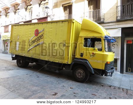 MADRID SPAIN - CIRCA JUNE 2015: Schweppes van parked in a street of the city centre
