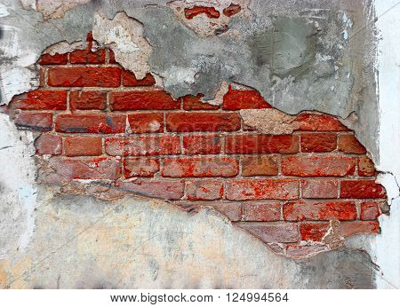 Plasterd Red Brick Wall And Grunge Texture Background Abstract Hole On Cracked Plaster Concrete. Ret