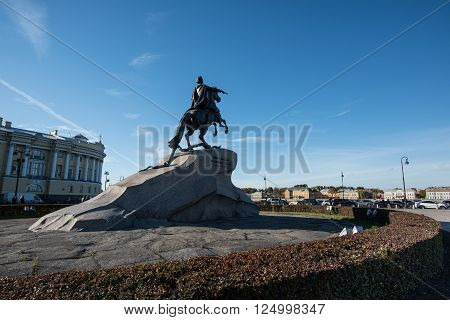 Equestrian statue - Bronze Horseman. The sculpture was erected in the 18th century in honor of the Russian Emperor Peter 1. The main attraction of St. Petersburg.