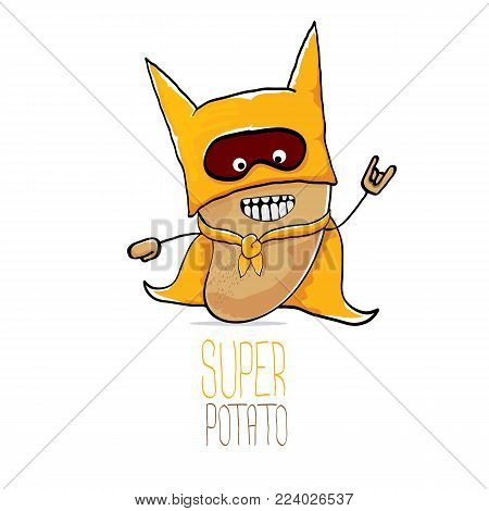 vector funny cartoon cute brown super hero potato with orange hero cape and hero mask isolated on white background. My name is potato vector concept. super funky vegetable food character