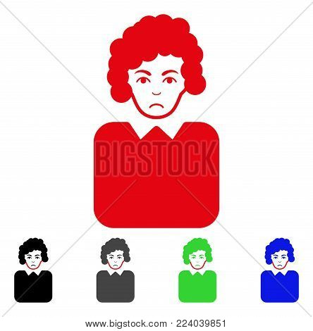 Dolor Bureaucrat Lady vector pictograph. Vector illustration style is a flat iconic bureaucrat lady symbol with grey, black, blue, red, green color versions. Face has unhappy expression.