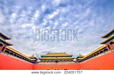 Meridian Gate Gugong Forbidden City Palace Wall Beijing China. Emperor's Palace Built in the 1600s in the Ming Dynasty