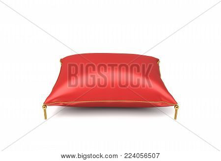 3d rendering of a red silk royal pillow with golden tussels isolated on a white background. Throw pillow. Home design. Decorative textile.