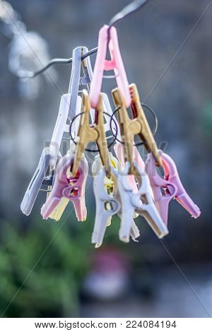 Colorful Clothes Pin Or Clothes Peg On The Washing Line.