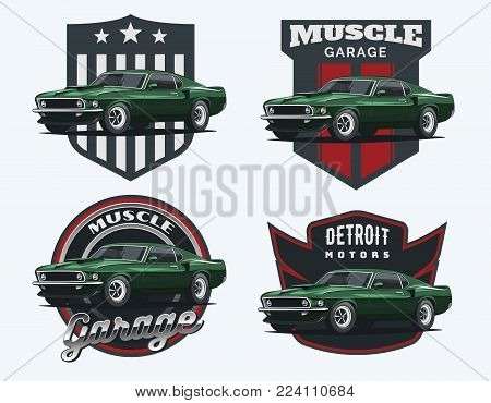 Set of classic muscle car logo, emblems and badges isolated on white background.