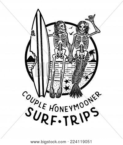 Vector Logo Illustration with Skeleton Surfer and Mermaid. Vintage Surfing Emblem for web design or print. Surfer logo templates. Surf Badge. Surfboard elements.
