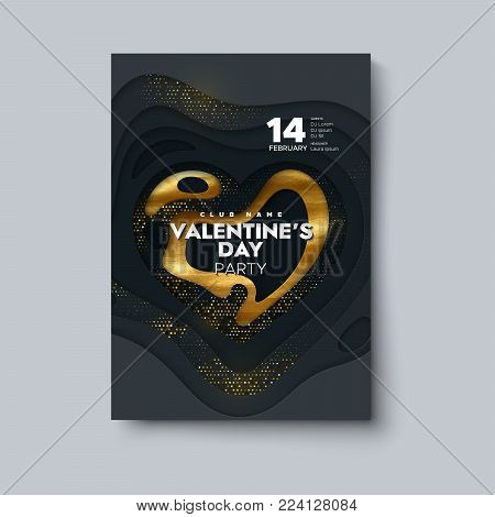 Valentines Day party flyer. Black paper cut background with golden paint texture, glittering strass. Vector holiday illustration. Music event invitation design. Carved paper heart shape. Cover design