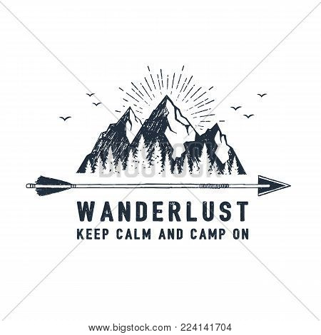 Hand drawn travel badge with mountains textured vector illustration and 