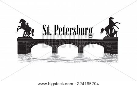 St. Petersburg City Symbol, Russia. Anichov Bridge Landmark Silhouette, Fontanka River View. Russian