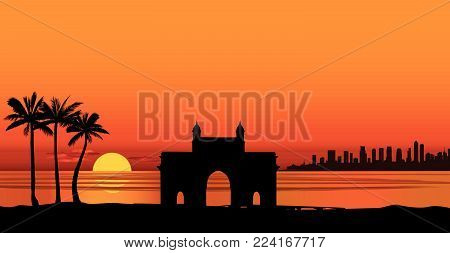 Mumbai City View With Famous Landmark, India. Urban Ocean Skyline With Skyscraper Buildings Silhouet