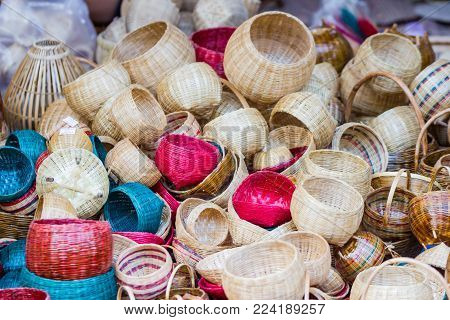 Product Weaving A Wicker Basket By Handmade, Product work in the family industry. sale in a market of Thailand