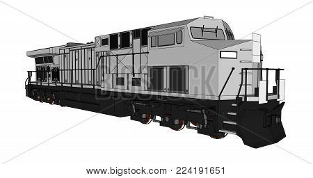 Modern diesel railway locomotive with great power and strength for moving long and heavy railroad train. Vector illustration with outline stroke lines