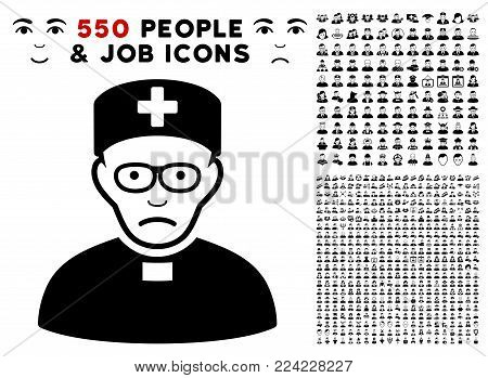 Dolor Monastic Doctor icon with 550 bonus pitiful and glad user design elements. Vector illustration style is flat black iconic symbols.