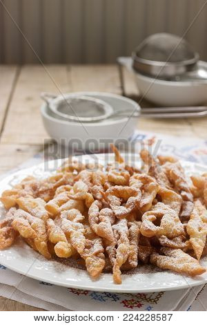 Angel Wings Biscuits, A Traditional European Sweet Dish For Carnival. Rustic Style.