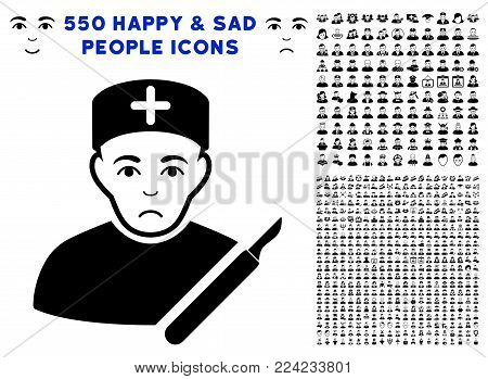 Unhappy Surgeon icon with 550 bonus pity and happy people images. Vector illustration style is flat black iconic symbols.