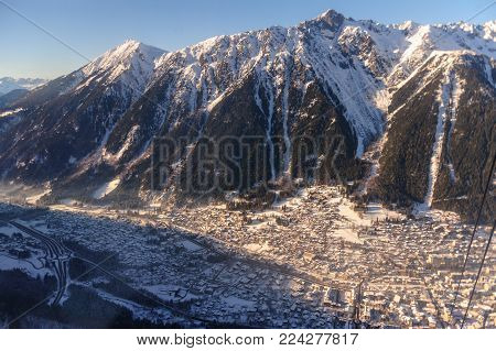 The Mont Blanc and the Valley near Chamonix de Mont Blanc, as seen from the Cable Car to the Aiguille du Midi