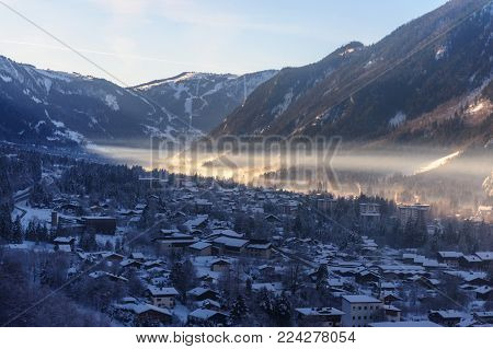 The Mont Blanc and the Valley near Chamonix de Mont Blanc, as seen from the Cable Car to the Aiguille du Midi