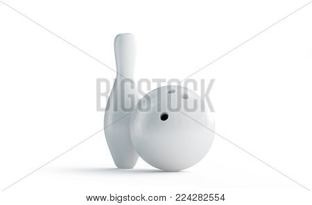 Blank white bowling ball and skittle mock up, front view, 3d rendering. Empty bowl game pin mockup, isolated. Clear leisure sport equipment design template. Plain targets for recreation activity