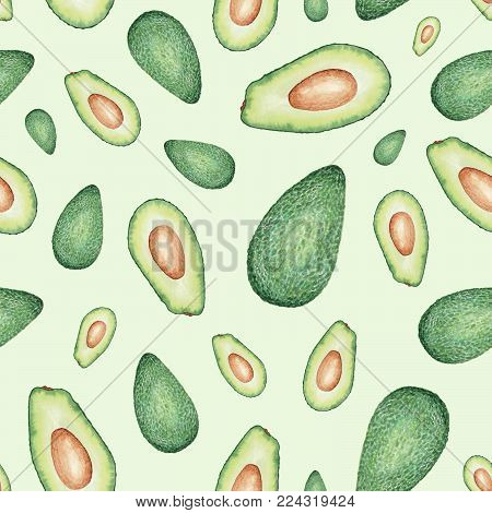 Ripe avocado sectional view chaotic seamless pattern. Watercolour illustration. Avocado printable paper