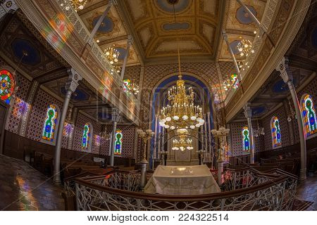 ORADEA, ROMANIA - JANUARY 27, 2018: Inside of the Orthodox Synagogue. It was built in 1890 after the plans of Knapp Ferencz in neo-maorical style.