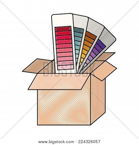 cardboard box and color palette guide in colored crayon silhouette vector illustration