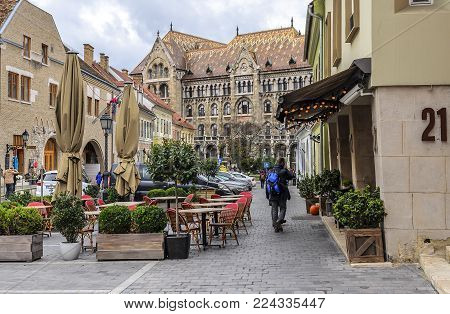 BUDAPEST, HUNGARY- 28 OCTOBER 2017: Tourist streets in Budapest Hungary
