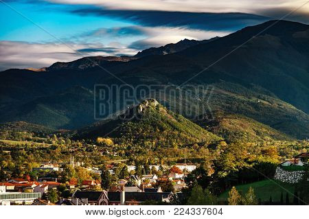 View To Old Medieval Castle And Beautiful Autumnal Valley, Sunset, Foix