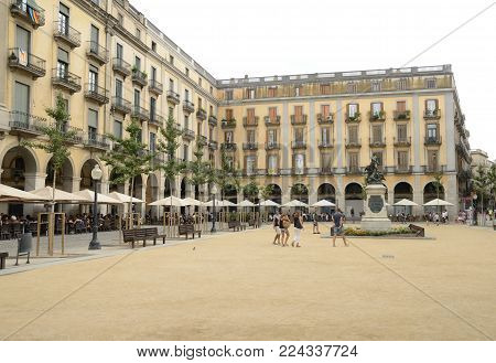 GIRONA, SPAIN - JULY 24, 2017: People at Plaza of the Independence in  Girona, Catalonia, Spain.