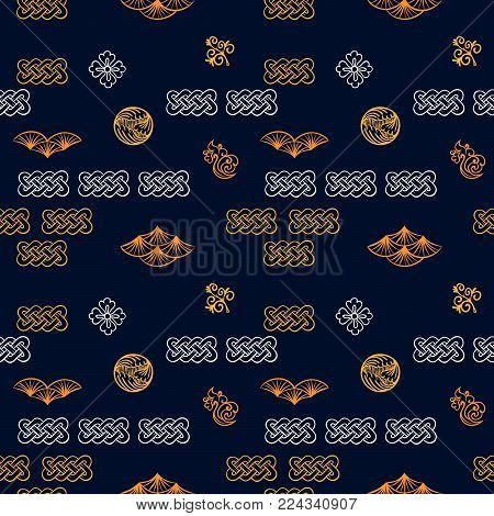 Asian pattern. Kabuki. Japanese doodles. Kabuki theatre elements. Kimono. Asia culture symbols. Oriental ornament. Chinese sketch. Fashion. China. Japan. Singapore. Korea. Vietnam. Fabric design.