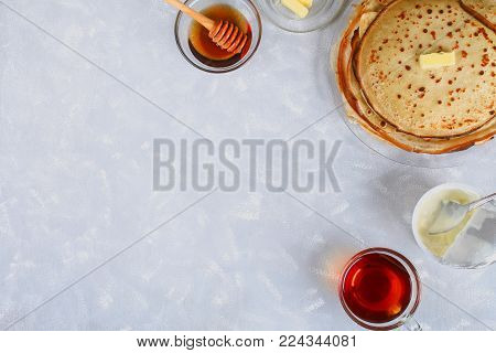 Traditional Ukrainian or Russian pancakes. Shrovetide Maslenitsa. Traditional dishes on the holiday Carnival Maslenitsa Shrovetide