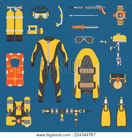 Plain flat color vector diver underwater equipment icon set. Retro. Cartoon style. Ocean, sea beach. Snorkeling. Summer adventure vacation. Scuba. Aqualung. Illustration, element for design wallpaper