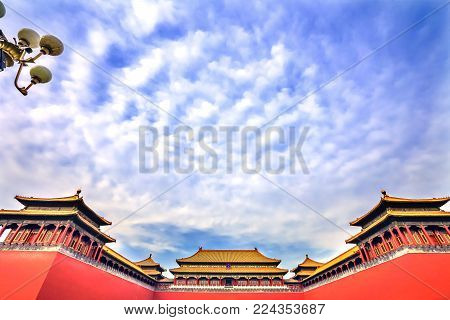 BEIJING, CHINA - NOVEMBER 13, 2017 Meridian Gate Gugong Forbidden City Palace Wall Beijing China. Emperor's Palace Built in the 1600s in the Ming Dynasty
