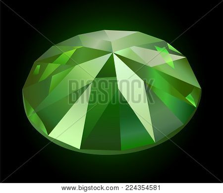 Beautiful faceted shining green demantoid on dark background