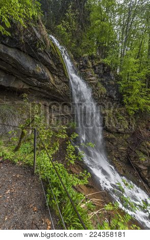 View On Giessbach Waterfall In Swiss Alps