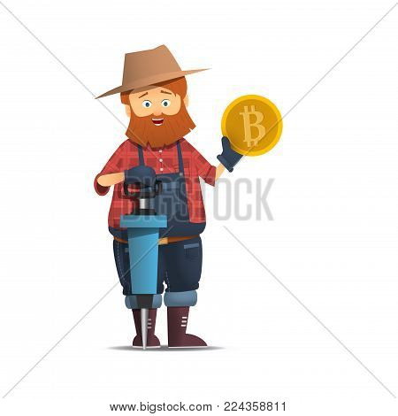 Miner with jackhammer. Prospector holding a gold coin. Gold bitcoin Cartoon character with the bump holding a gold coin