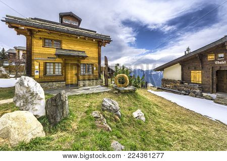 Bettmeralp, Switzerland - May 2017: Nice Wooden Houses In A Small Alpine Village