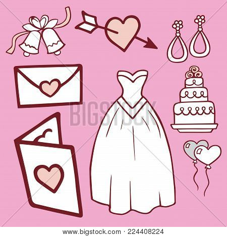 Wedding outline hand drawn icons vector illustration. Married celebration music groom invitation elements. Wedding ceremony engagement collection.