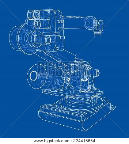 Industrial robot manipulator. Vector image rendered from 3d model in sketch style or drawing. Blue background