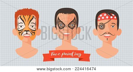 Children face painting set of vector illustrations. Faces with tiger, spider superhero, pirate makeup painted for kids party