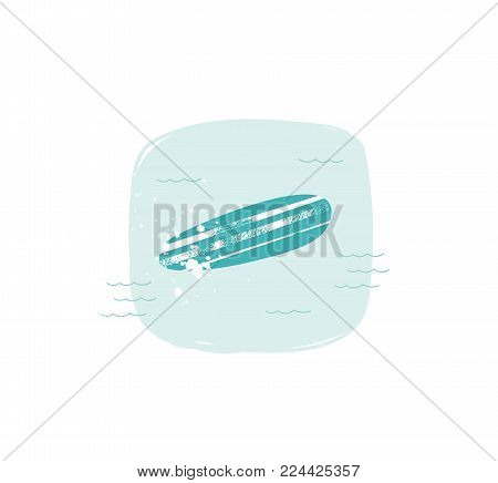 Hand drawn vector abstract cartoon summer time fun illustration with surfboard in simple blue ocean waves isolated on white background.