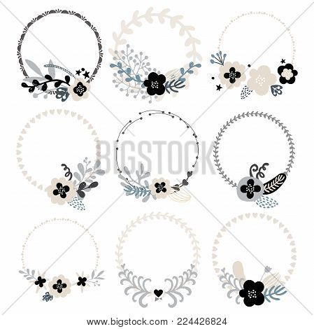 Set elegance trendy hand sketched wedding elements set. Collection floral doodles, branches, flowers, laurels, banners and frames. Ideal for Save the Date cards, Wedding invitations, babyshower cards.